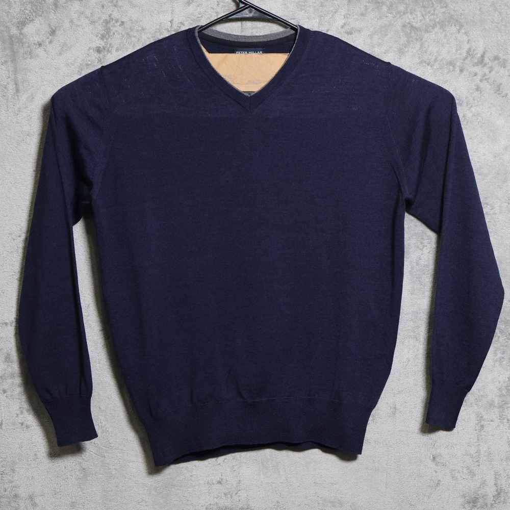 Peter Millar Sweater Mens Medium Navy Blue V Neck Wool Silk Tight-Knit Italy